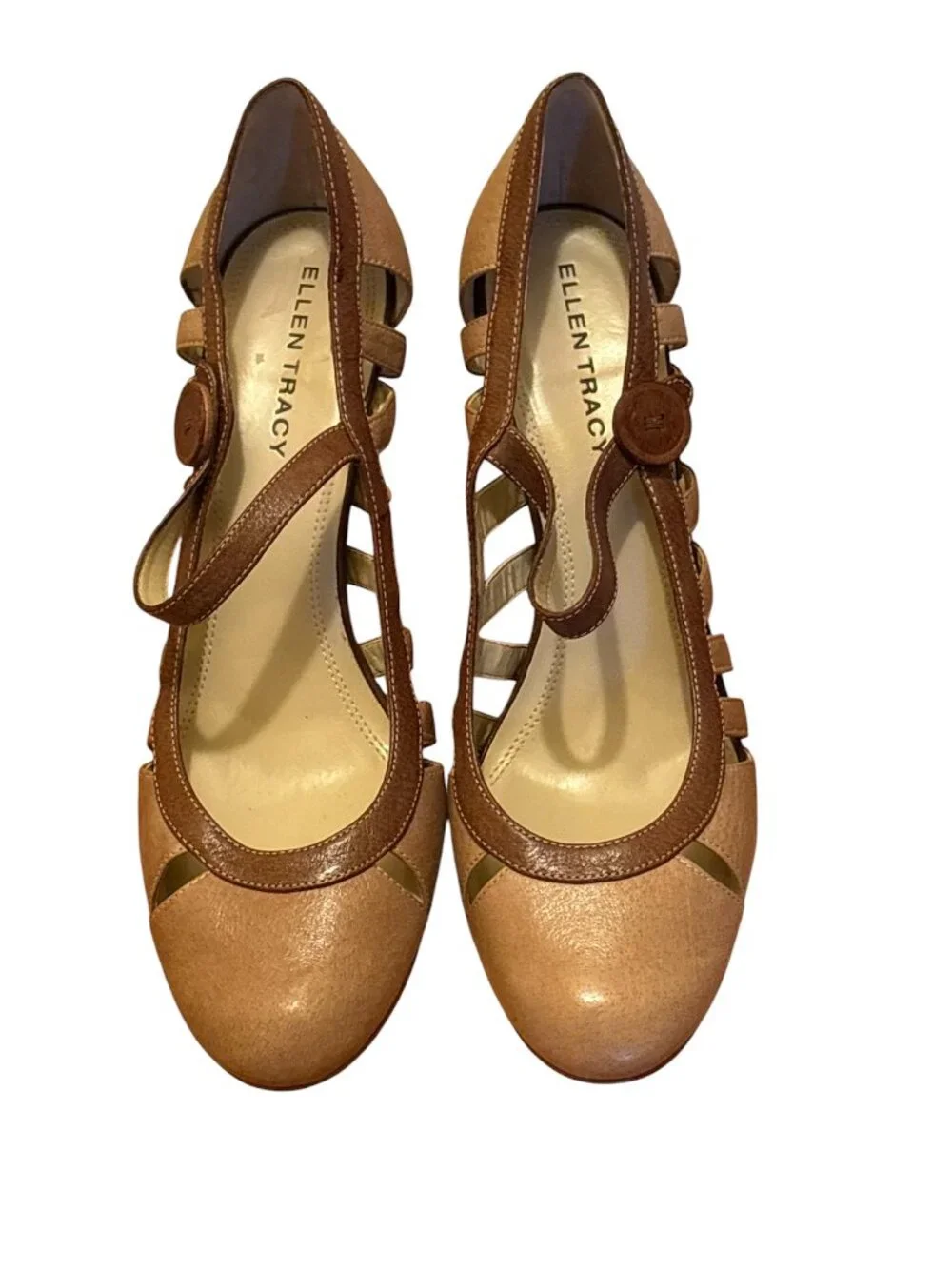 Ellen Tracy Brown Leather Button Detail Mary Jane Heels